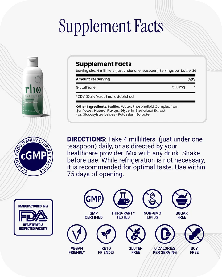Rho Nutrition Liposomal Glutathione - Ultra High Absorption Liquid Glutathione Supplement - Supports Natural Detoxification, Immune System, Skin Health, Mental Clarity & Overall Well-Being