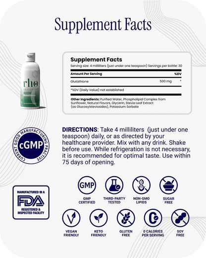 Rho Nutrition Liposomal Glutathione - Ultra High Absorption Liquid Glutathione Supplement - Supports Natural Detoxification, Immune System, Skin Health, Mental Clarity & Overall Well-Being
